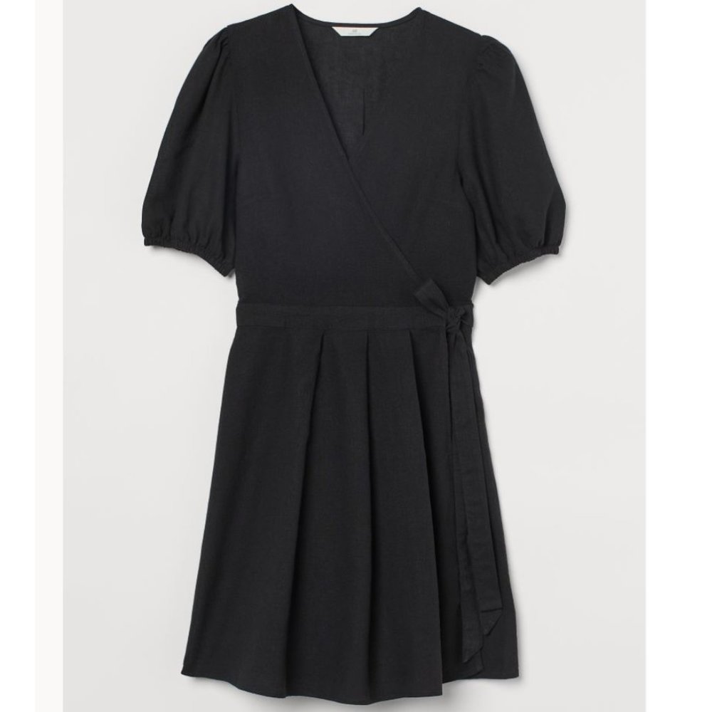 H&M Black True Wrap Dress Pleated Skirt Puff Sleeves Plus Size XXL